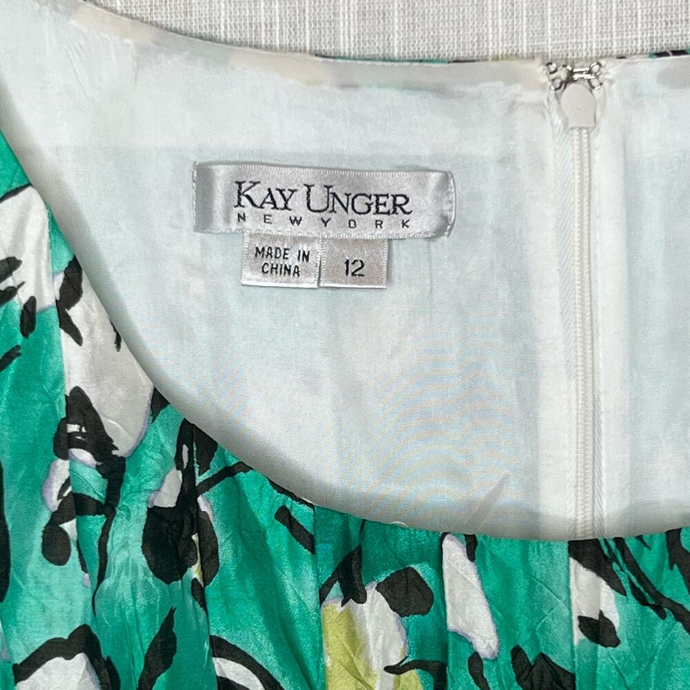 Kay Unger Dress Green Silk Cotton Blend Floral Fit Flare Scoop Neck Size 12 - Picture 6 of 13